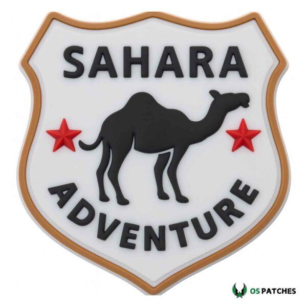 Sahara adventure PVC patch with camel design and stars on shield shape