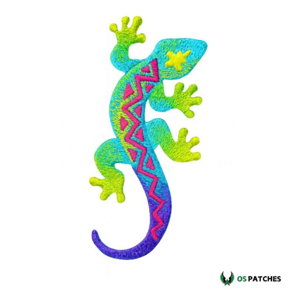 Bright colorful iron on embroidered lizard patch with tribal design on white background