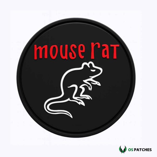 Mouse Rat PVC patch with red text and white rat silhouette design.