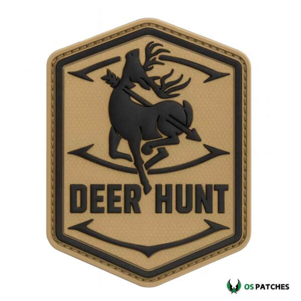 PVC deer hunt patch with arrows, tan background and black design.