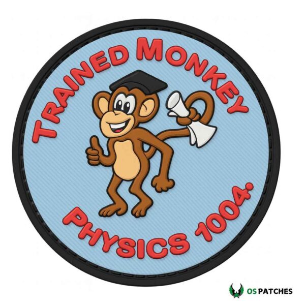 Cartoon monkey patch with graduation cap, diploma, and bold physics text.