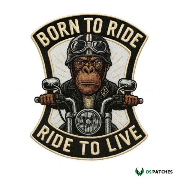 Embroidered biker patch monkey riding motorcycle with helmet, goggles, bold text.