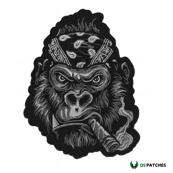 Embroidered gorilla patch with bandana smoking cigar, bold biker style design.