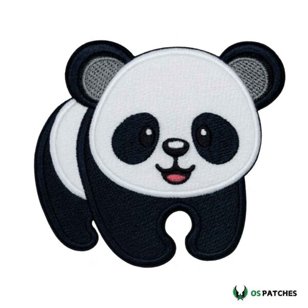Cute embroidered panda patch with smiling face and playful cartoon style