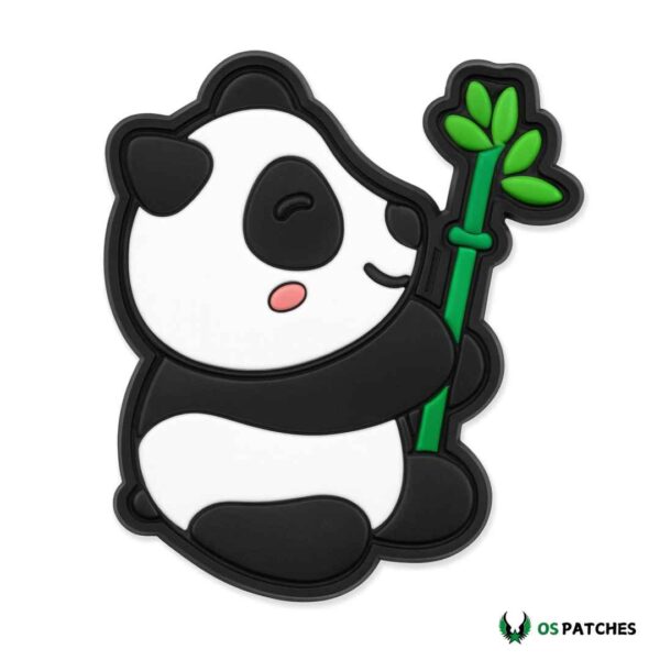 Cute panda PVC patch holding green bamboo stick with happy smiling face