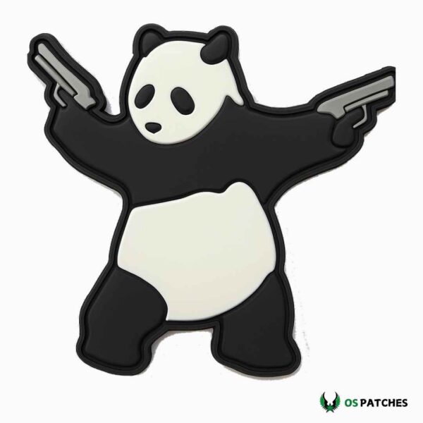 Panda PVC patch holding two pistols with arms raised in stance