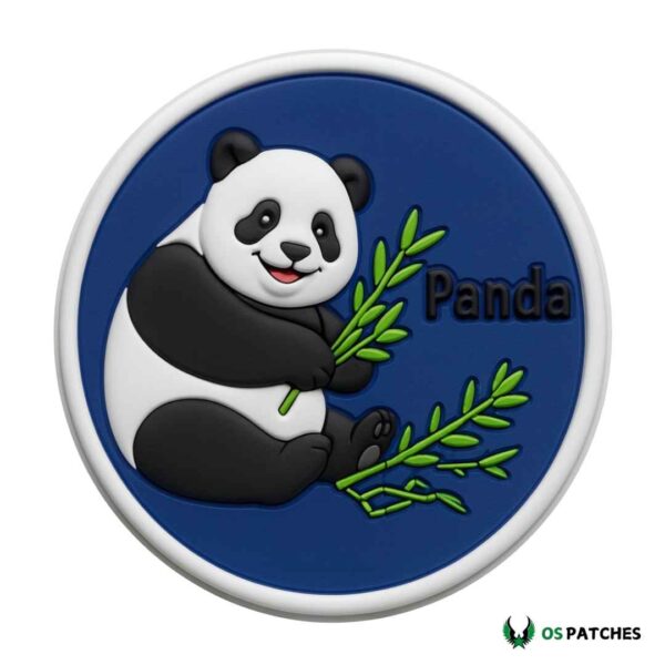 Happy panda PVC patch holding bamboo with blue background and white border