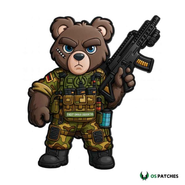 Tactical bear PVC patch in military gear holding rifle with camouflage uniform