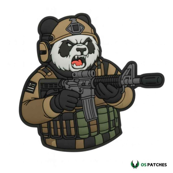Angry panda airsoft PVC patch in tactical gear holding rifle with camouflage vest