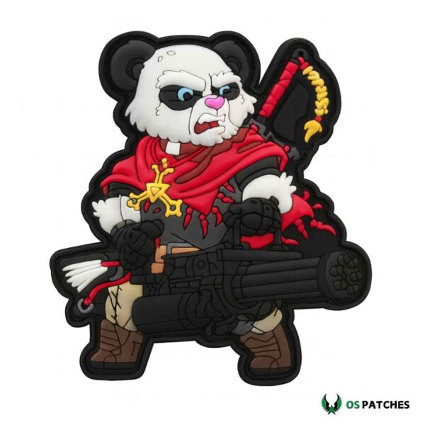 Tactical panda PVC patch with red cape holding heavy weapon in style