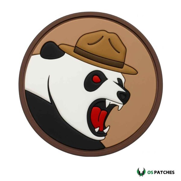 Fierce panda PVC patch with ranger hat roaring inside brown circle design