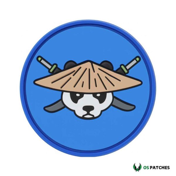 Samurai panda PVC patch with swords and hat on blue background