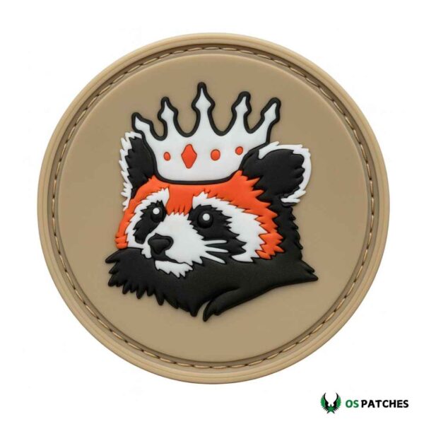 Red panda PVC patch with royal crown on tan circular background