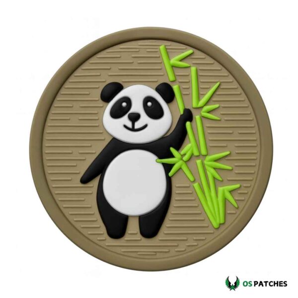 Cute panda PVC patch holding green bamboo on tan textured background