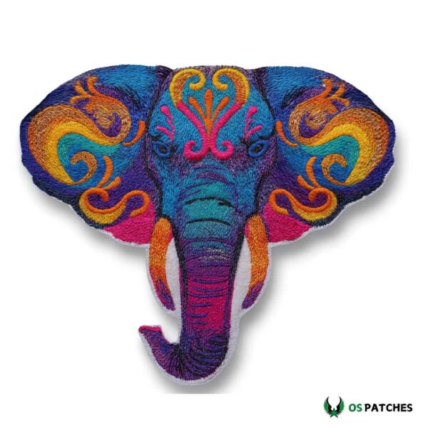 Colorful embroidered elephant patch with detailed swirls in blue, orange, pink.