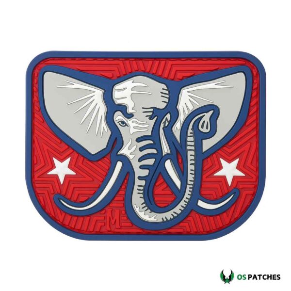 PVC elephant patch with gray elephant head on red star background.