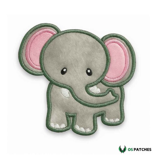 Cute embroidered elephant patch in gray with pink ears and green border.