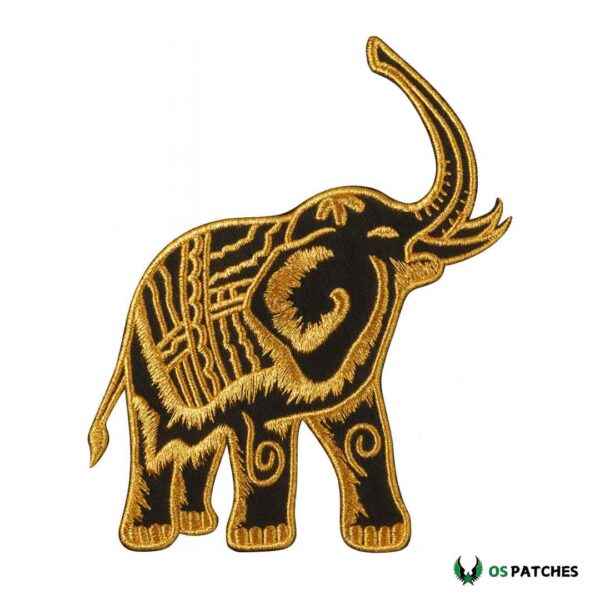 Golden embroidered elephant patch with detailed stitching for clothing and accessories