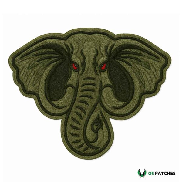 Green tactical elephant patch with fierce red eyes and bold embroidery