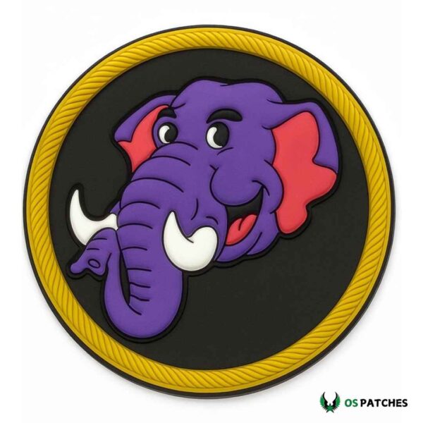 Purple cartoon elephant PVC patch with tusks inside yellow-bordered black circle.