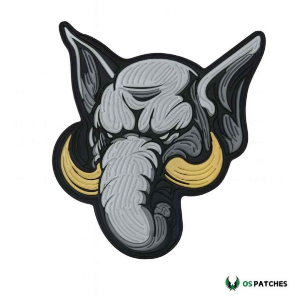 Stylish elephant head PVC patch with sharp details and golden tusks.