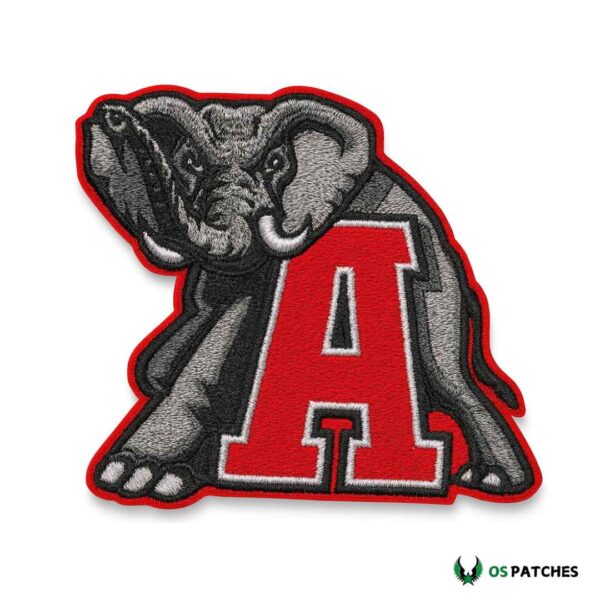 Embroidered elephant mascot patch with bold red letter A background.