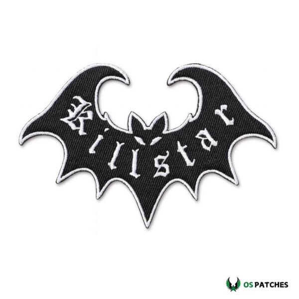 Black embroidered bat patch with gothic text design