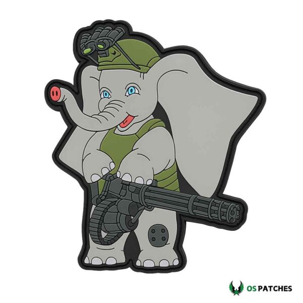 Cartoon elephant soldier PVC patch holding minigun, tactical design for gear.