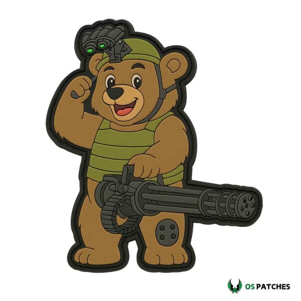 Cute tactical bear PVC patch wearing armor and holding heavy machine gun.