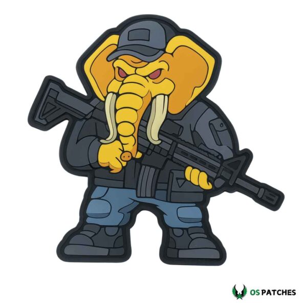 Fierce tactical elephant PVC patch holding rifle, dressed in combat gear.