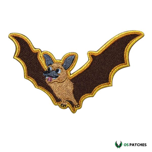 Embroidered iron on bat patch with golden border and brown wings