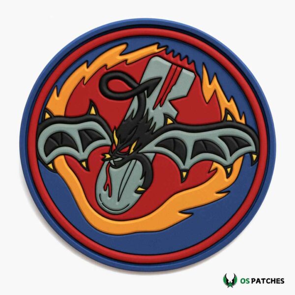 PVC bat patch with fierce design, flames, and military-style round emblem