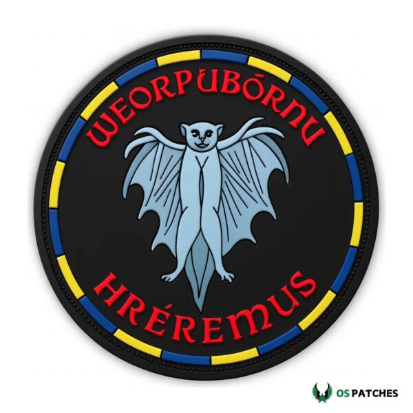 Round PVC patch with blue bat and red Gothic text