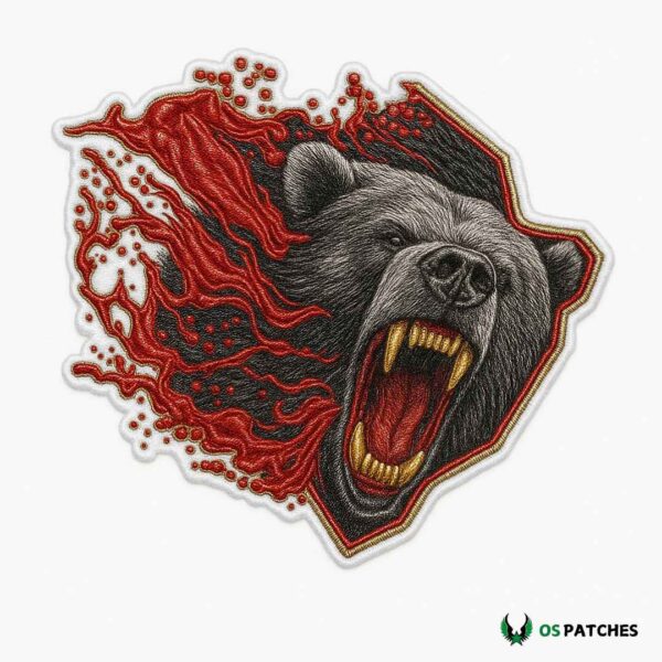 Fierce roaring bear iron on embroidered patch with red flames, perfect for jackets.