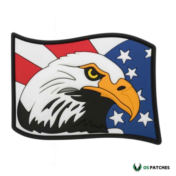 PVC patch with bald eagle head overlaid on a waving American flag design.