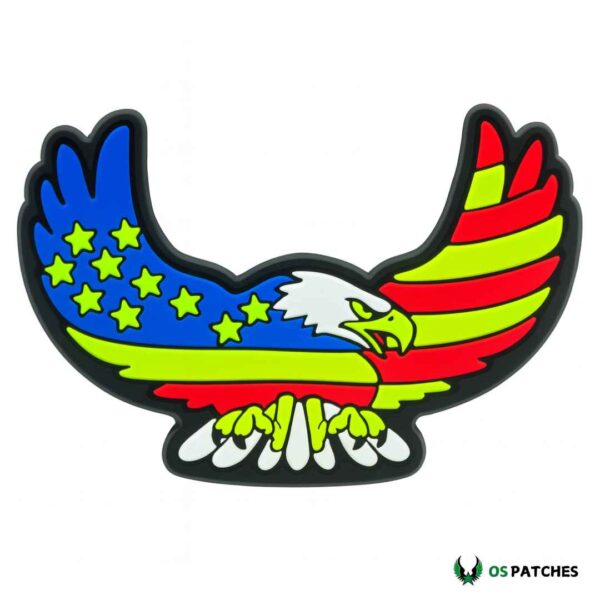 Colorful PVC patch of bald eagle with neon-style American flag wings in blue, yellow, and red.