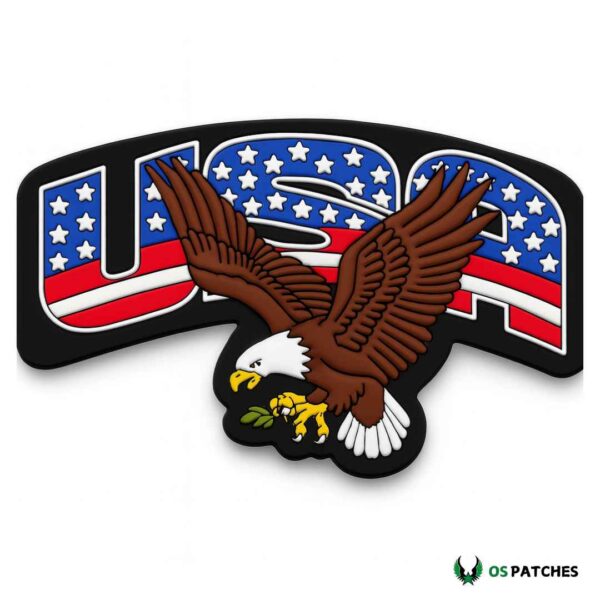 PVC patch with a bald eagle carrying an olive branch in front of bold USA letters filled with the American flag.