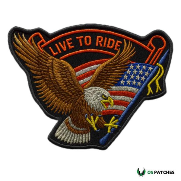 Embroidered patch of a bald eagle carrying the American flag with “Live to Ride” text.