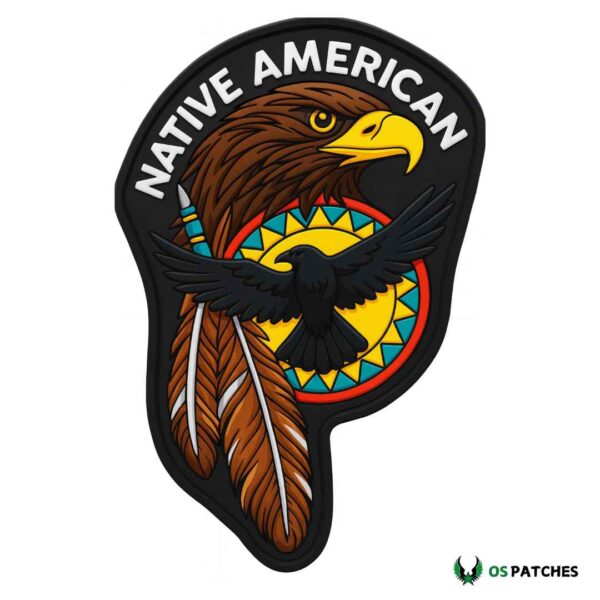 PVC patch with eagle head, feathers, tribal circle, flying raven, and “Native American” text.