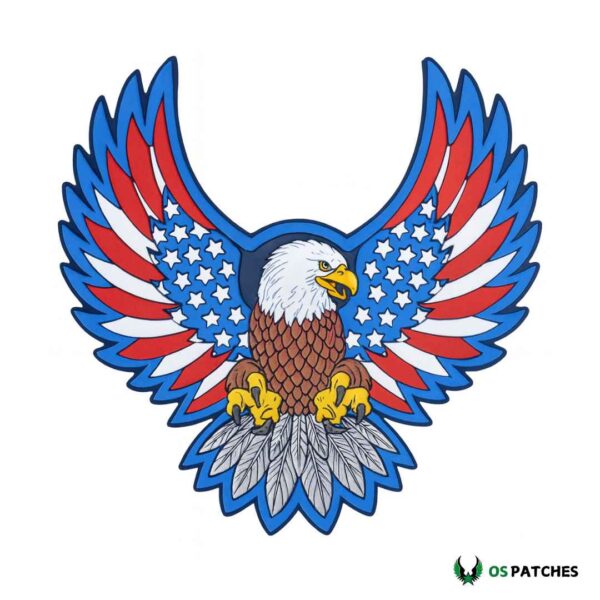 Bald eagle PVC patch with wings in American flag red, white, and blue stars and stripes.