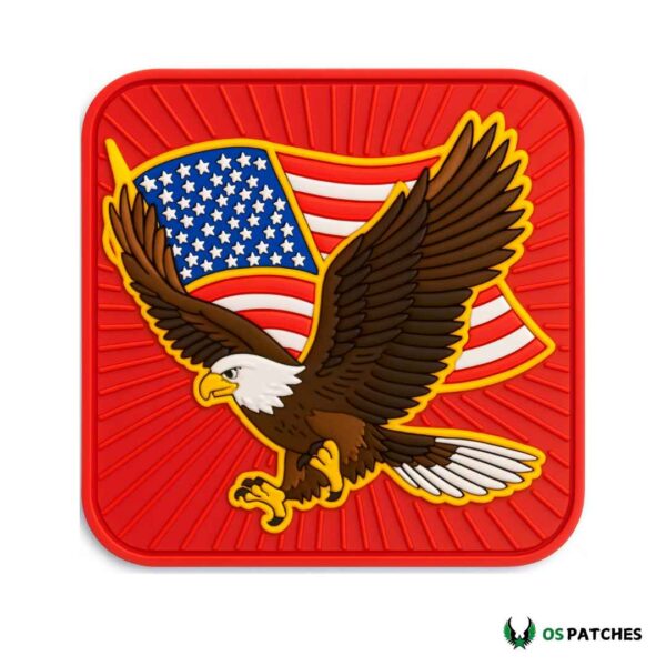 Bald eagle PVC patch with American flag background on a bright red base.
