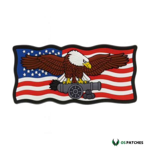 American flag PVC patch with bald eagle perched on a cannon.