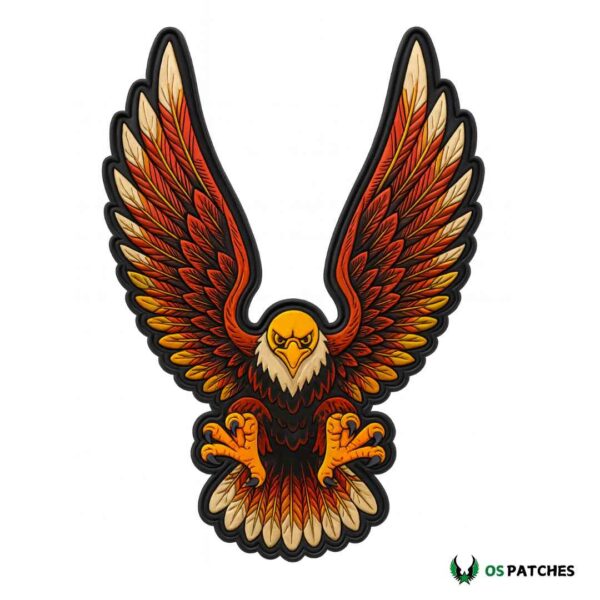 Eagle patch with wings spread wide in red, orange, and gold tones, ready to strike.