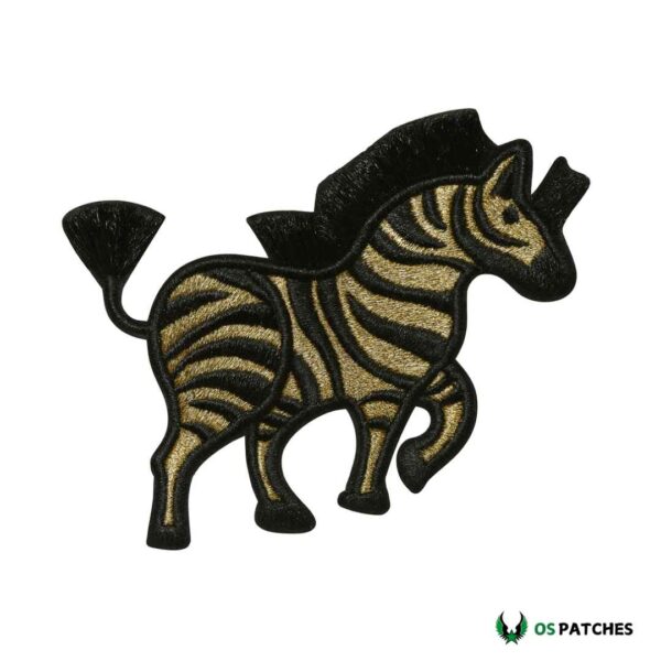 Embroidered zebra iron-on patch with golden and black stripes