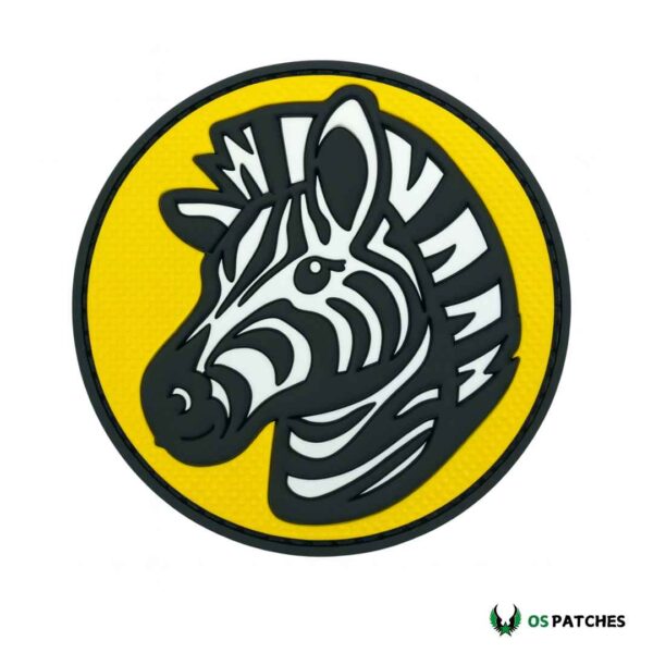 Zebra head PVC patch with black and white stripes on yellow round base