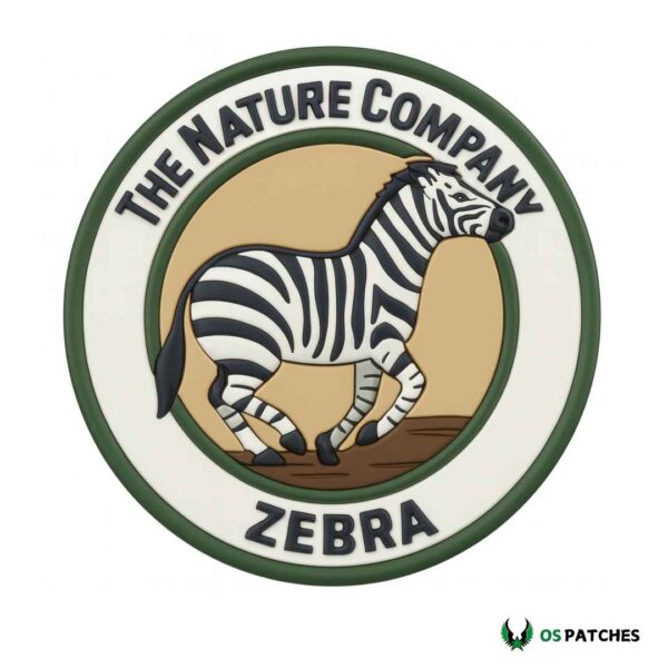 Round zebra PVC patch with The Nature Company text