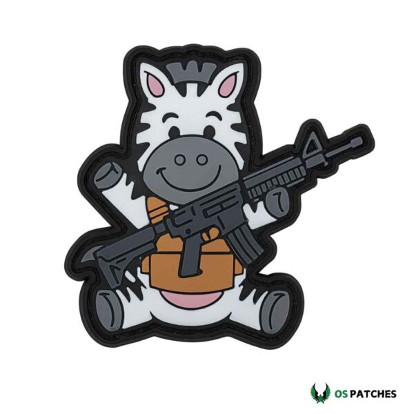 Cartoon zebra PVC patch holding a rifle in tactical gear