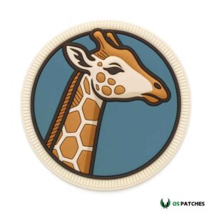 Round PVC patch with a giraffe profile on a blue background.