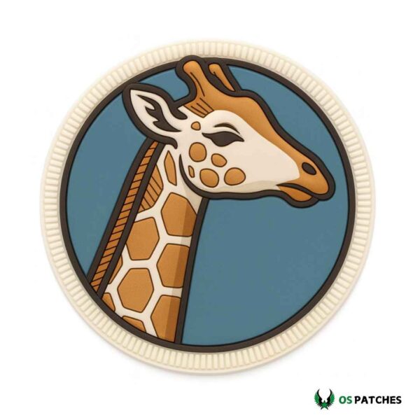 Round PVC patch with a giraffe profile on a blue background.
