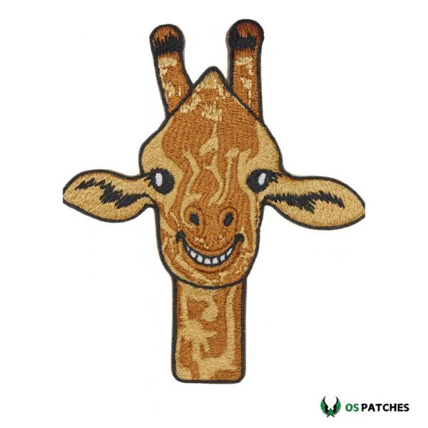 Embroidered giraffe face patch with a smiling expression.